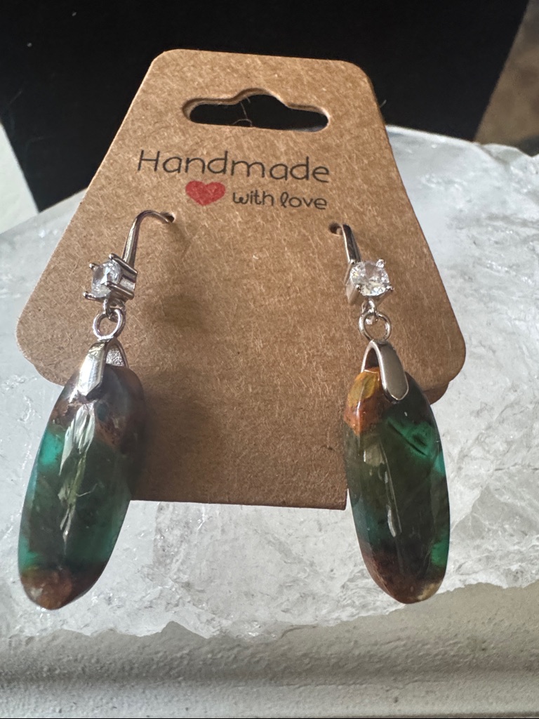 Handmade Indonesian Opalized Petrified Wood Earrings With Cubic Zirconia